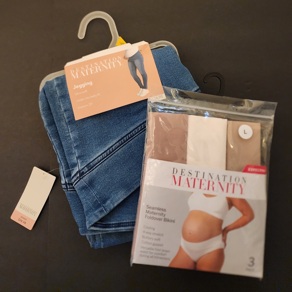 NWT Destination Maternity Blue Jeggings, Size W-Large +3/Pack W-LG Bikini, New